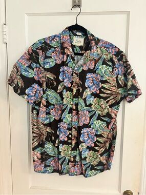 Bixby Nomad Men’s Large Tropical Hawaiian Floral Button-Up Camp Shirt Black